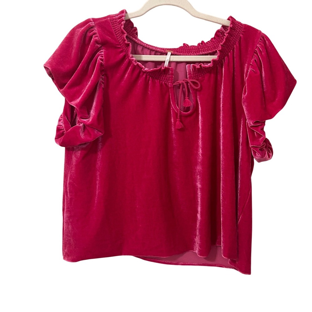 Free‎ People Terese Velvet Top Pink Size M Puff Sleeve Romantic Ren Faire
